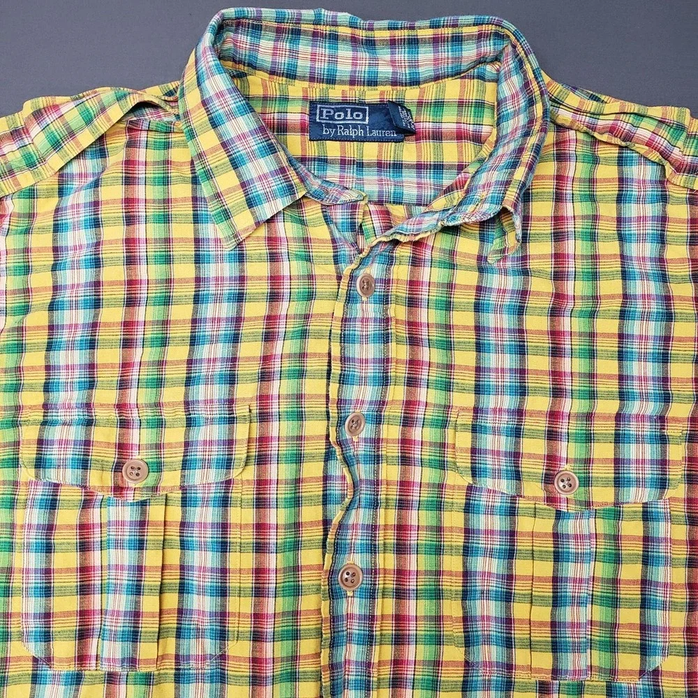 POLO RALPH LAUREN XLMen's Bright Madras Plaid Epaulettes Button Down Shirt